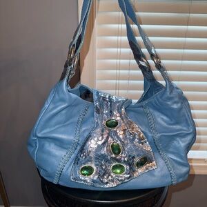 Blue Designer Women's Bag with Silver Accents